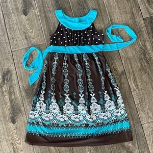 Y2K L.A. Conduct Girls Dress Sz 7 Brown Turquoise‎ Polka Dot Empire Bow Button